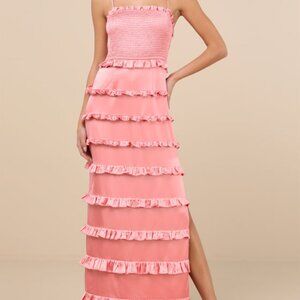 Lulus Sincerely Fabulous Peach Pink Satin Smocked Ruffled Maxi Dress - Size L